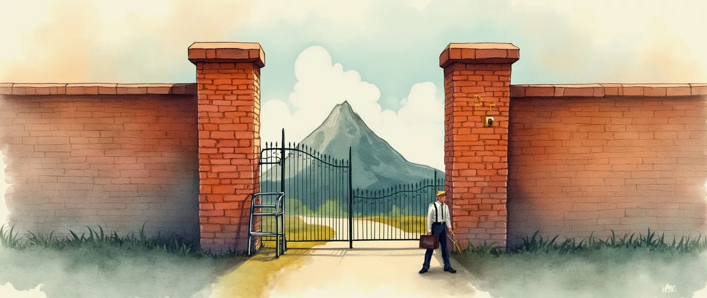Uma pintura digital em aquarela de um alto muro de tijolos com um portão trancado, bloqueando o acesso a um caminho que leva a uma montanha de oportunidades. Uma figura está parada diante dele segurando uma escada, uma chave e uma maleta, contemplando como superar essa barreira de entrada. Composição simples com cores contrastantes destacando o obstáculo e as possíveis soluções.