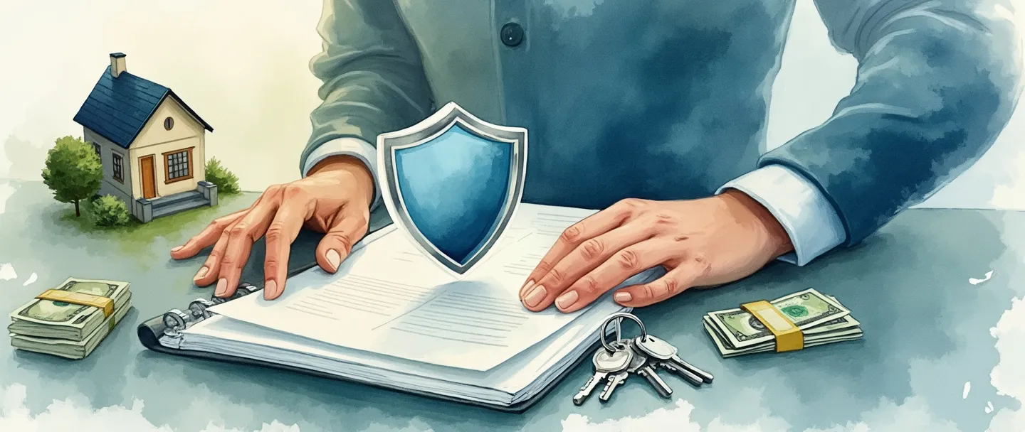 Uma pintura digital em aquarela de uma pessoa organizando um portfólio com documentos de propriedade, chaves e dinheiro. Um pequeno edifício aparece ao fundo com um escudo protetor pairando acima dele. Composição simples com tons suaves de azul e verde transmitindo segurança e gestão. Pinceladas elegantes, detalhes mínimos, atmosfera profissional.