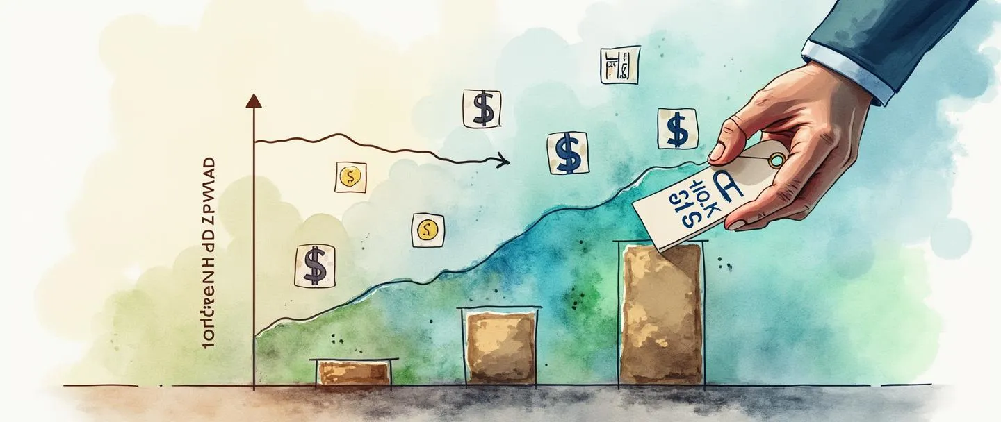 Uma pintura digital em aquarela de um gerente de hotel equilibrando etiquetas de preço em um gráfico que mostra curvas de oferta e demanda. Uma mão ajusta os preços enquanto a outra segura um calendário. Símbolos de dinheiro flutuam acima de ícones de quartos de hotel ocupados e vazios. Composição simples com vibrantes tons de azul e verde, tema de otimização de negócios.