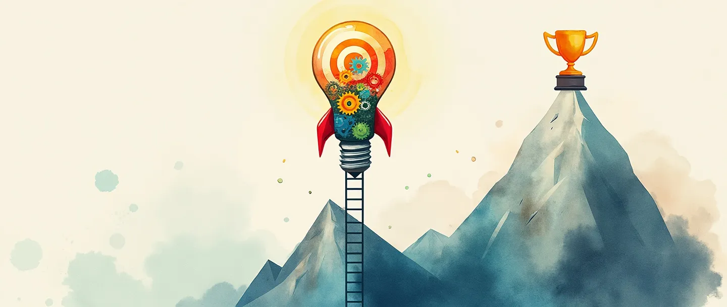 Uma pintura digital em aquarela de uma lâmpada com pequenos propulsores de foguete, ascendendo em direção a um alvo de tiro ao alvo. Dentro da lâmpada há engrenagens coloridas. Uma escada simples conecta a lâmpada a um pico de montanha onde um troféu está posicionado. Vibrante, porém minimalista, representando metas de inovação.