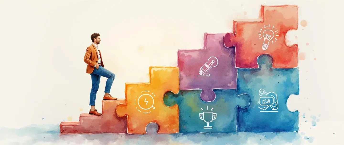 Uma pintura digital em aquarela de um profissional subindo uma escada colorida de habilidades, com peças de quebra-cabeça formando uma estrutura ao redor. Cada peça de quebra-cabeça contém um ícone diferente de competência: uma lâmpada, engrenagens, aperto de mão e troféu. Composição simples com cores vibrantes contra um fundo limpo.