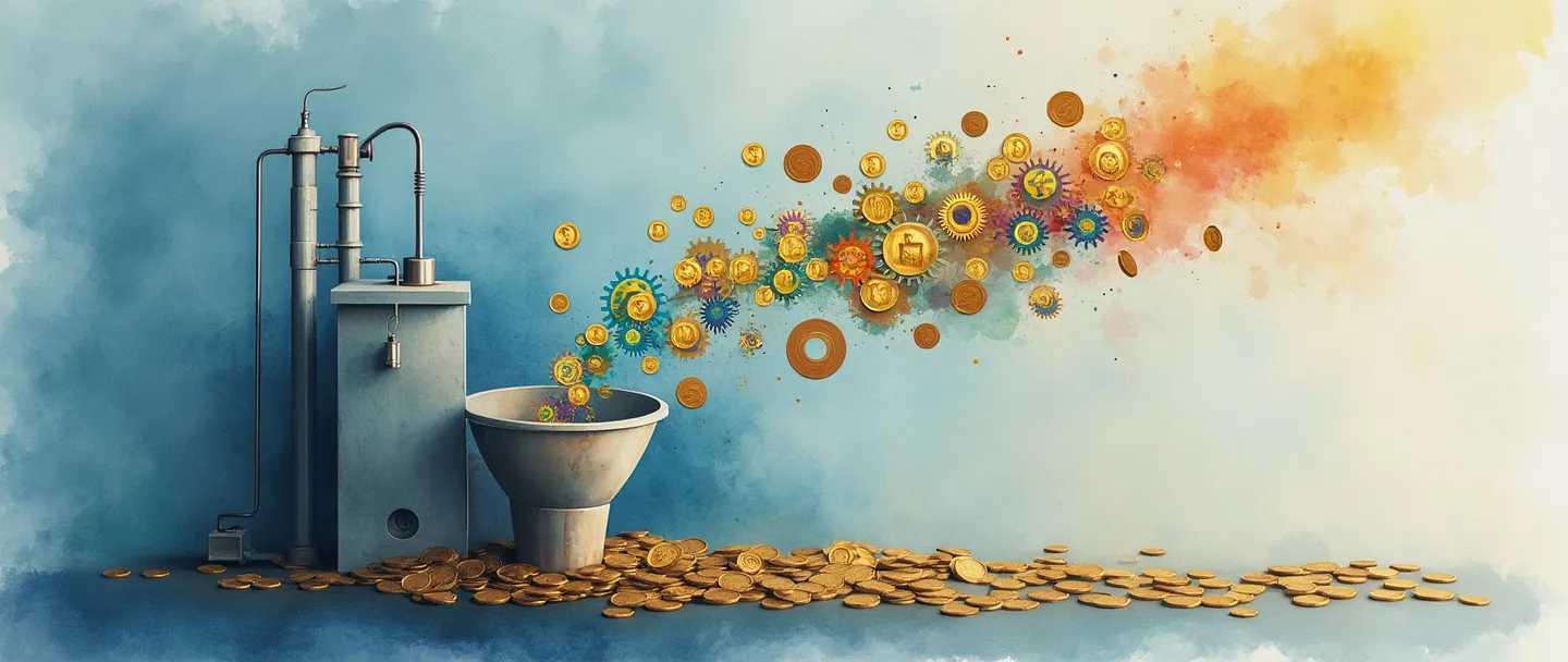 Uma pintura digital em aquarela de uma fábrica absorvendo suavemente moedas que caem através de um sistema de funil. As moedas se transformam em engrenagens coloridas dentro da fábrica. Um gráfico de pizza simplificado paira acima, mostrando a distribuição de custos com uma fatia sendo absorvida no todo. Linhas limpas, tons empresariais suaves com respingos de azul e dourado.