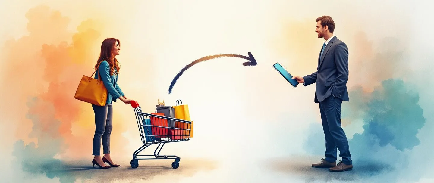 Uma pintura digital em aquarela de uma pessoa com um carrinho de compras alcançando produtos oferecidos por uma figura de negócios vestindo terno. Um smartphone os conecta com uma seta simples apontando da empresa para o consumidor. Vibrante, porém simples, com texturas suaves de aquarela mostrando a relação direta entre empresas e clientes individuais.