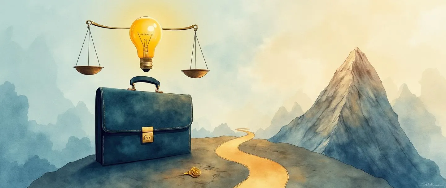 Uma pintura digital em aquarela de uma pasta executiva se transformando em uma balança da justiça, com uma lâmpada brilhante flutuando acima. Um caminho sinuoso leva da pasta até o pico de uma montanha onde um contrato com um selo dourado aguarda. Composição simples com tons suaves de azul e âmbar quente.