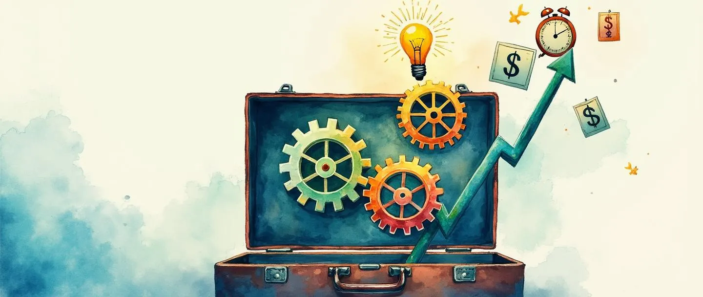 Uma pintura digital em aquarela de engrenagens girando dentro de uma pasta executiva, com um pequeno gráfico de tendência ascendente e uma lâmpada brilhando acima dele. Um relógio e símbolos de dinheiro flutuam próximos, sugerindo eficiência e lucro. Composição simples com vibrantes tons de azul e verde, transmitindo melhoria operacional e vantagem nos negócios.
