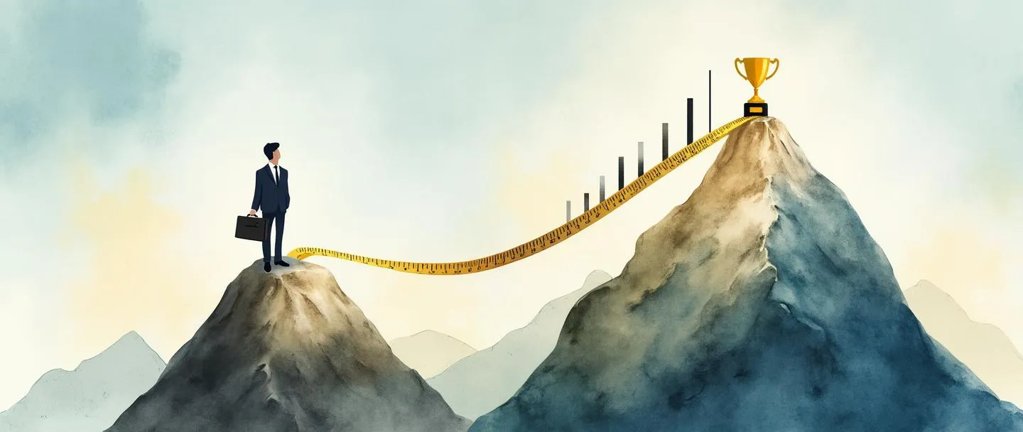 Uma pintura digital em aquarela de duas montanhas lado a lado com uma fita métrica conectando seus picos. Uma pessoa com uma maleta está em pé na montanha menor olhando para a maior, que tem um troféu no topo. Um gráfico de barras simples se eleva entre elas, mostrando progresso ascendente. Cores limpas e profissionais com detalhes mínimos.