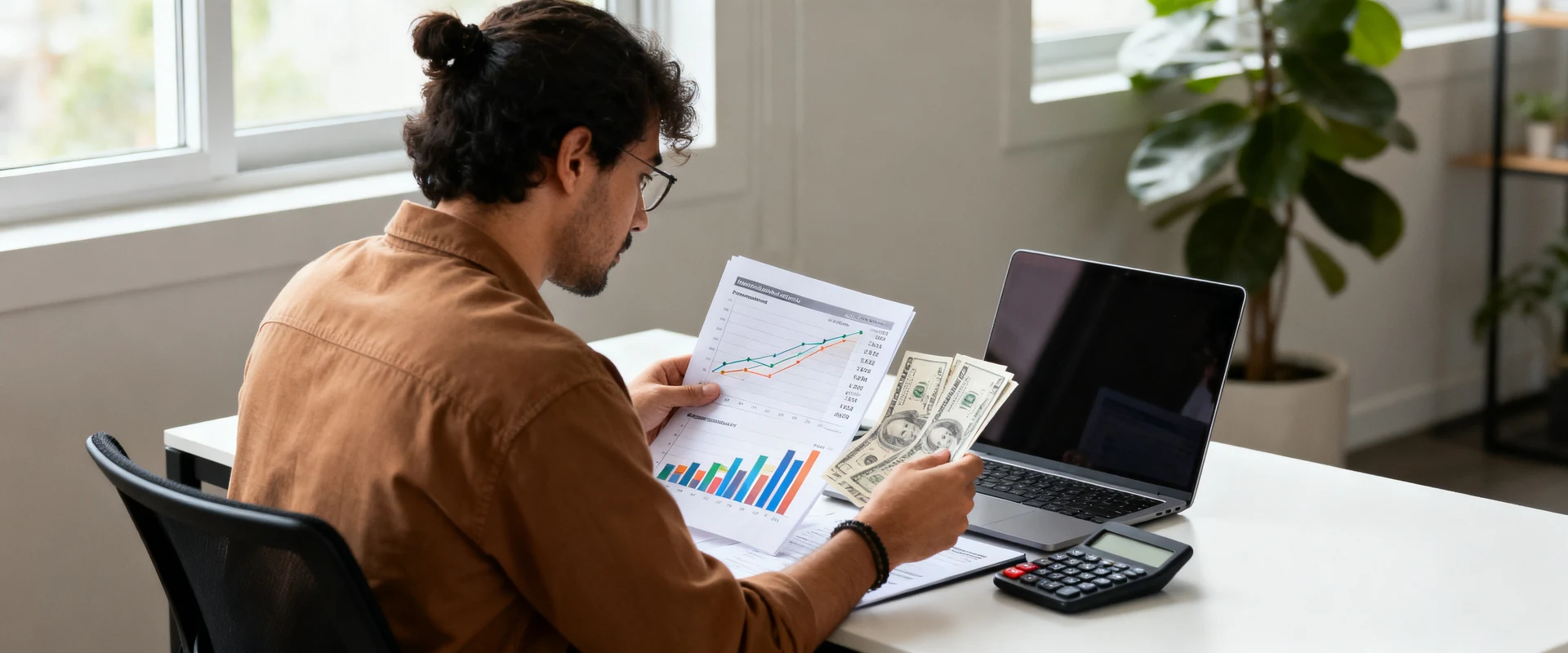 Empresário analisando documentos financeiros e gráficos de fluxo de caixa em escritório moderno, com laptop e calculadora. Fotografia editorial ultra-realista capturando momento autêntico de gestão financeira de pequenos negócios.