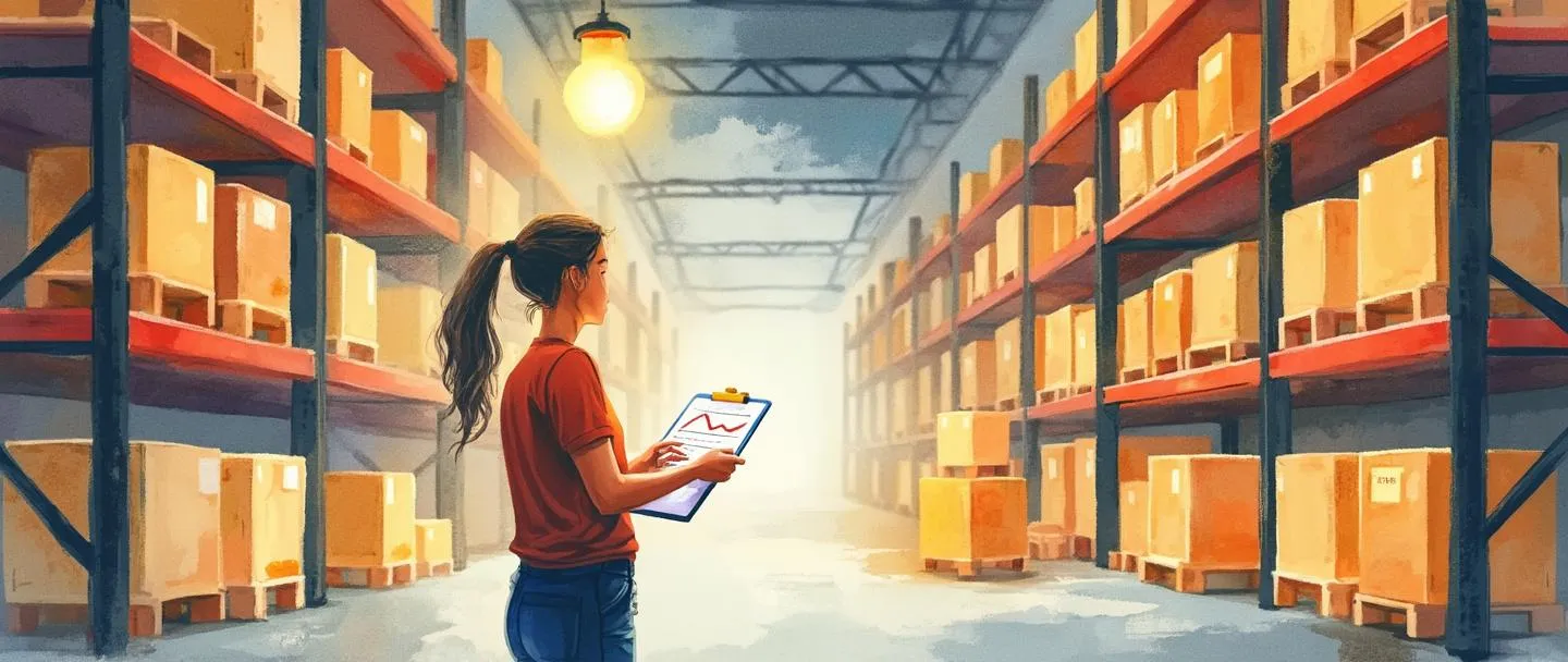 Uma pintura digital em aquarela de prateleiras de armazém sendo estrategicamente preenchidas com caixas coloridas. Uma pessoa com uma prancheta verifica o inventário enquanto uma lâmpada brilha acima de sua cabeça. Um pequeno gráfico mostrando níveis ideais de estoque aparece no canto. Composição simples com cores quentes transmitindo eficiência e planejamento.