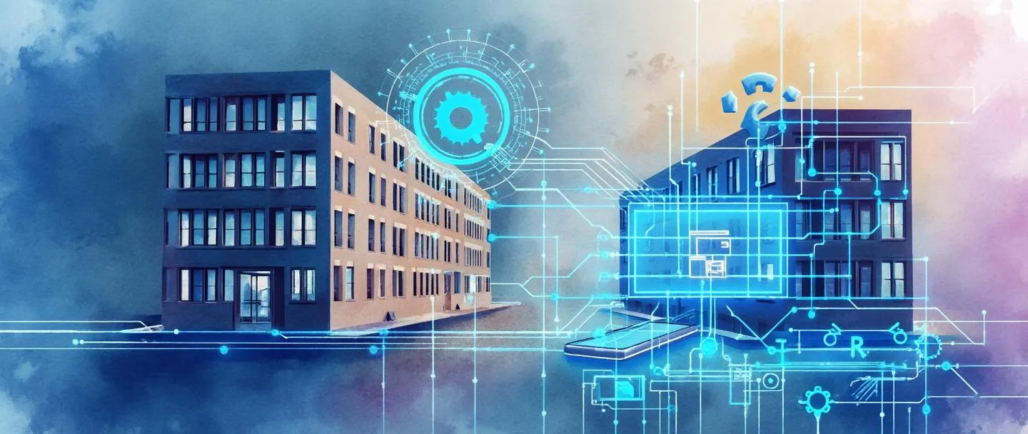 Uma pintura digital em aquarela de um edifício de escritórios tradicional se transformando em uma estrutura digital moderna, com padrões de circuito azul brilhante fluindo através da transição. Um smartphone e um computador orbitam ao redor dele, enquanto engrenagens e peças de quebra-cabeça conectam o antigo e o novo. Composição simples com azuis e roxos vibrantes contra um fundo suave de aquarela.
