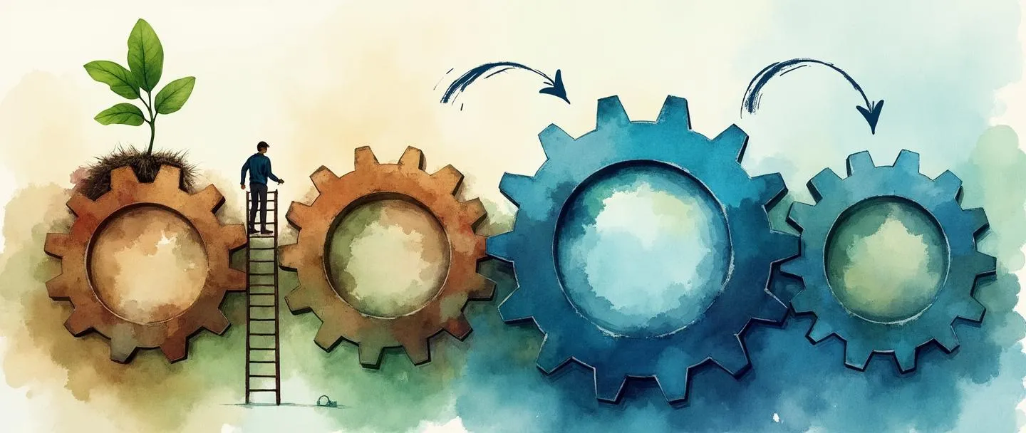 Uma pintura digital em aquarela de engrenagens interligadas que gradualmente mudam de um marrom enferrujado para um azul vibrante, com uma pequena planta crescendo através delas. Uma escada está apoiada contra a maior engrenagem, com uma figura subindo. Setas simples indicam melhoria circular contínua. Composição limpa e minimalista com suaves acentos em azul e verde.