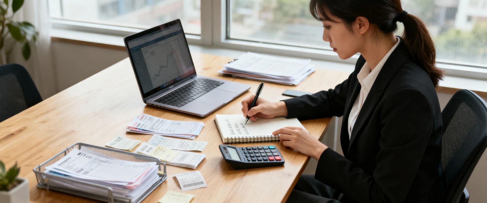 Como fazer um orçamento: passo a passo para organizar suas finanças Mulher profissional trabalhando em planejamento financeiro e cálculos de orçamento em mesa organizada com notebook, calculadora e documentos, fotografia editorial autêntica em alta resolução com luz natural.