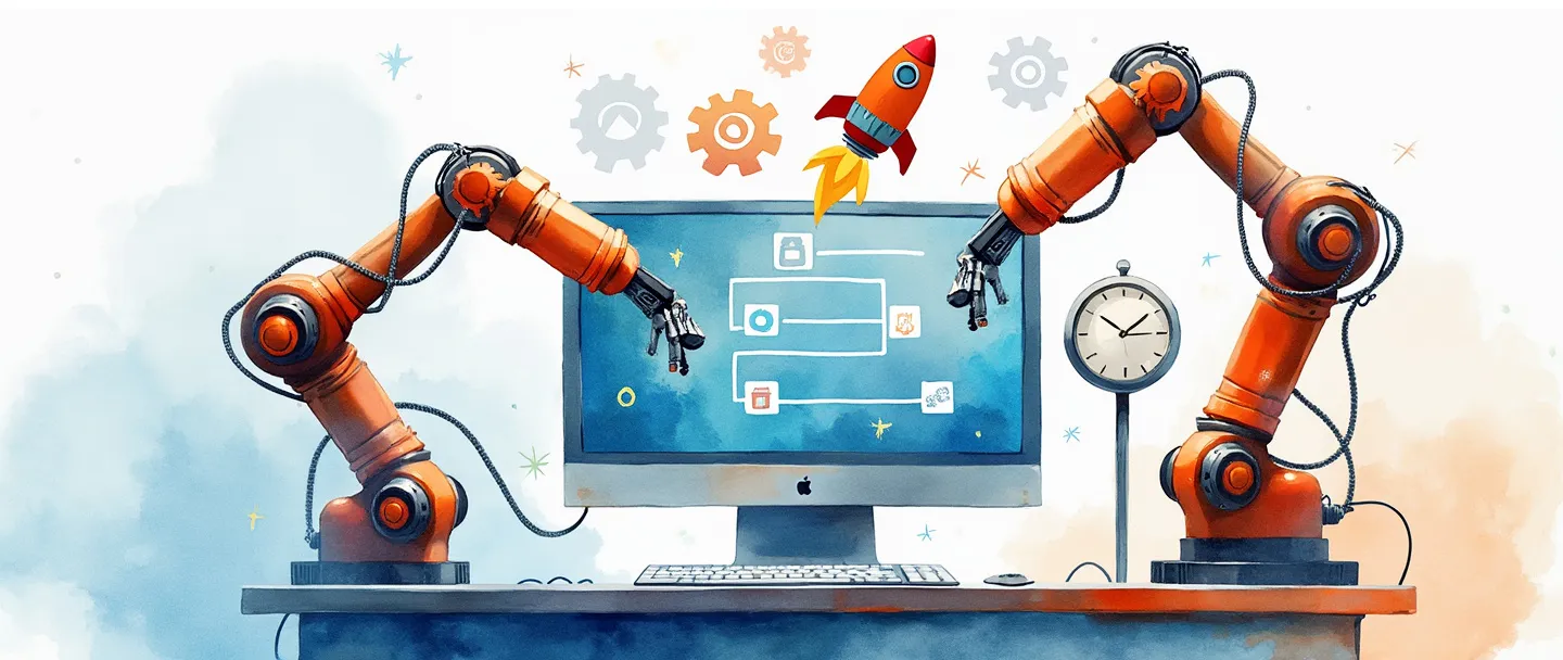 Uma pintura digital em aquarela de um computador com braços robóticos estendendo-se de suas laterais, automatizando tarefas em um fluxograma simplificado. Engrenagens flutuam acima da tela enquanto um relógio e um foguete sugerem velocidade e eficiência. Composição simples com vibrantes tons de azul e laranja.