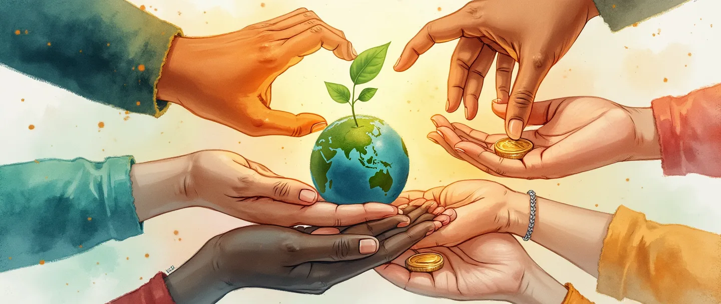Uma pintura digital em aquarela de mãos diversas se unindo para segurar um broto nascente com um pequeno globo em seu centro. Ao redor, um sutil brilho dourado forma o formato de um coração. Uma ponte simples conecta uma moeda de um lado a um rosto sorridente do outro. Cores quentes e esperançosas com acentos em turquesa e laranja. Composição limpa e minimalista transmitindo negócios de impacto social.