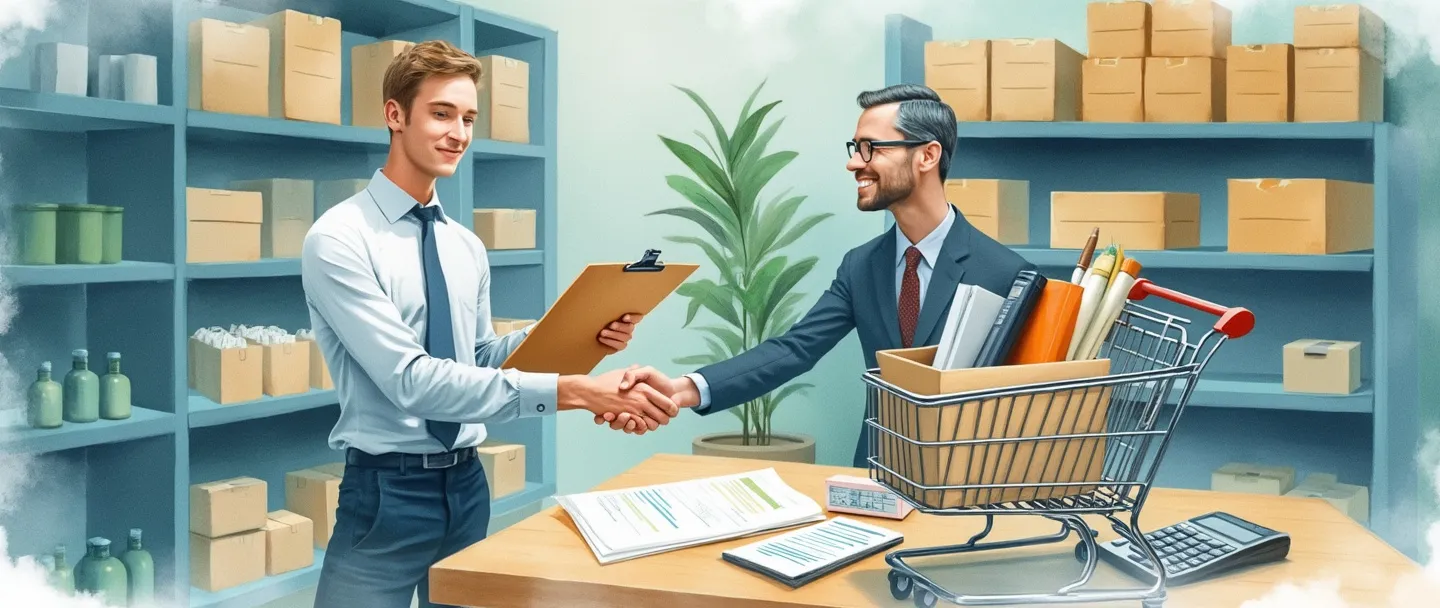 Uma pintura digital em aquarela de um profissional com uma prancheta examinando produtos em prateleiras, com uma calculadora e um contrato próximos. Um aperto de mãos simboliza negociação enquanto um carrinho de compras contém materiais de escritório. Composição simples com tons suaves de azul e verde, representando atividades de aquisição e compras.