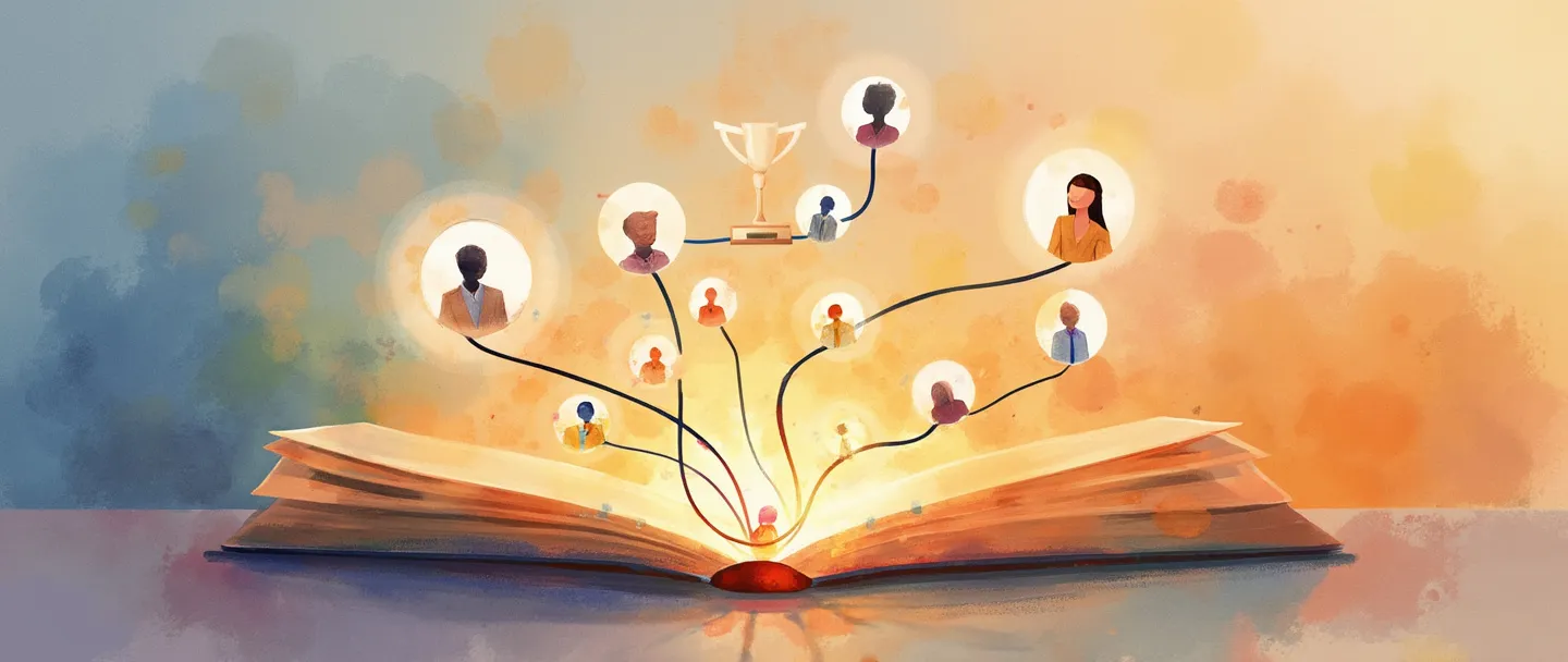Uma pintura digital em aquarela de um conceito de banco de talentos mostrando um portfólio com perfis brilhantes emergindo dele, conectados por suaves feixes de luz a várias oportunidades representadas por pequenos troféus e lâmpadas. Composição simples com cores quentes e elementos mínimos, transmitindo a ideia de conectar indivíduos talentosos com oportunidades.