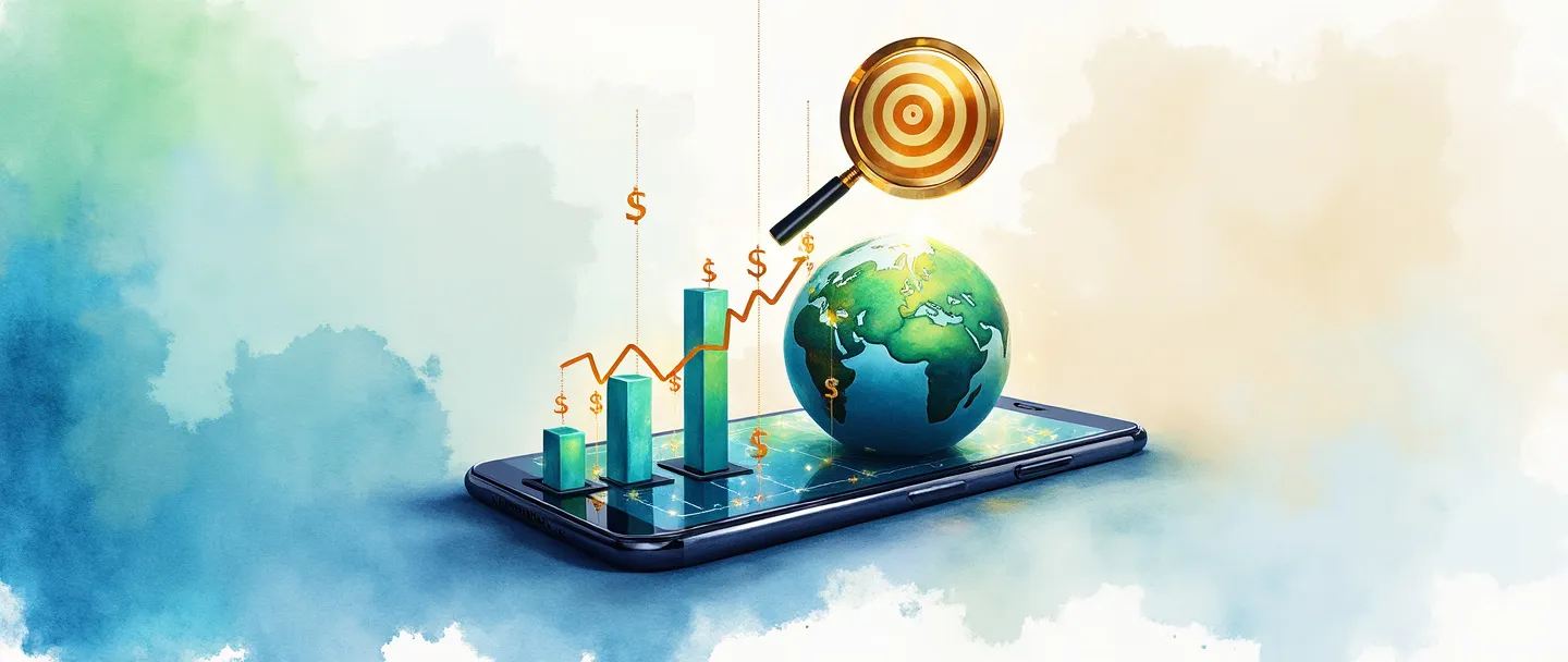 Uma pintura digital em aquarela de um smartphone exibindo um gráfico de barras ascendente com cifrões, conectado a um pequeno globo por caminhos luminosos. Uma lupa paira acima, revelando um alvo dourado com uma mira central. Composição simples com azuis e verdes vibrantes, transmitindo o valor do marketing digital.