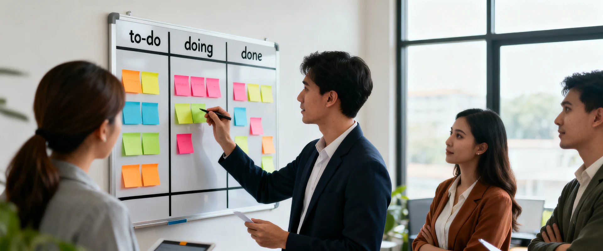 Equipe de negócios diversificada colaborando em quadro Kanban físico com post-its coloridos organizados em colunas de tarefas, fotografia editorial ultra-realista com luz natural e detalhes nítidos.