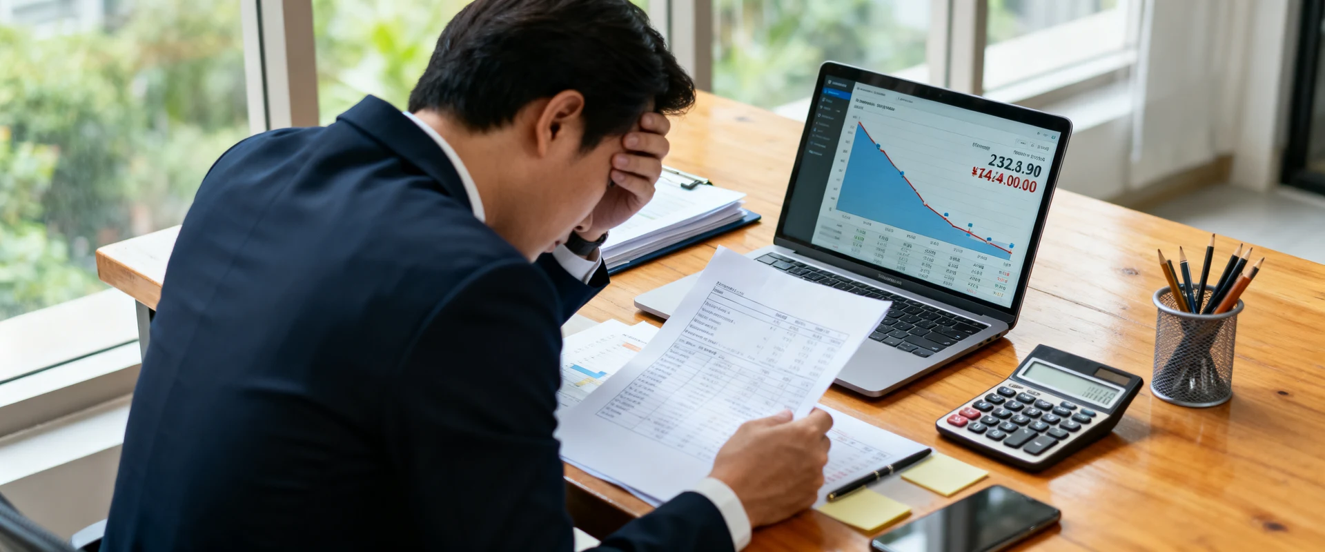 Empresário estressado analisando documentos financeiros, planilhas de preços e margens de lucro em declínio no laptop, fotografia documental autêntica em alta resolução com luz natural.