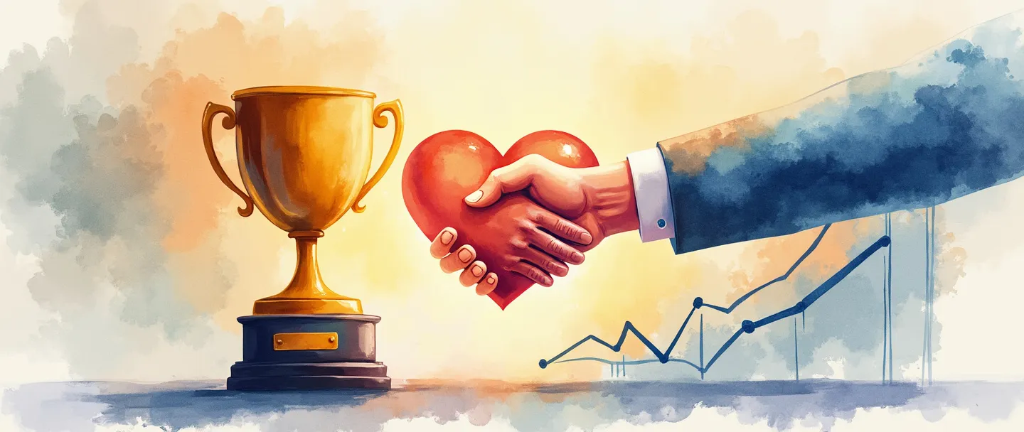 Uma pintura digital em aquarela de um aperto de mãos conectando-se a um troféu em forma de coração, com uma linha de gráfico ascendente simples ao fundo. Um certificado de fidelidade do cliente com um selo dourado está próximo, cercado por um brilho suave. Cores vibrantes, porém simples, aparência profissional.