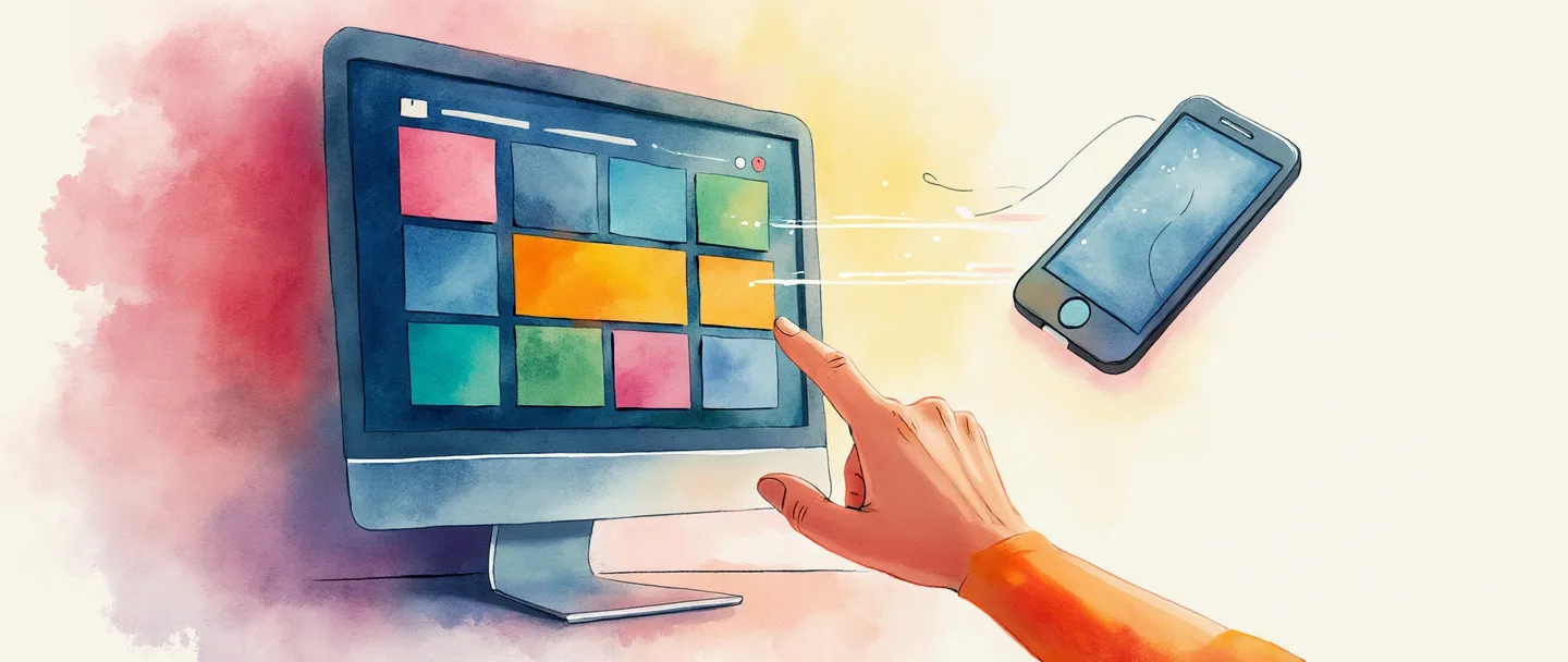 Uma pintura digital em aquarela de uma tela de computador exibindo uma interface simplificada com botões e janelas coloridos, conectada por linhas delicadas a um smartphone. Uma mão se estendendo para tocar a tela, sugerindo interação. Design simples e limpo com cores vibrantes, porém suaves. Elementos mínimos, mas mostrando claramente a conexão entre dispositivos e usuário.