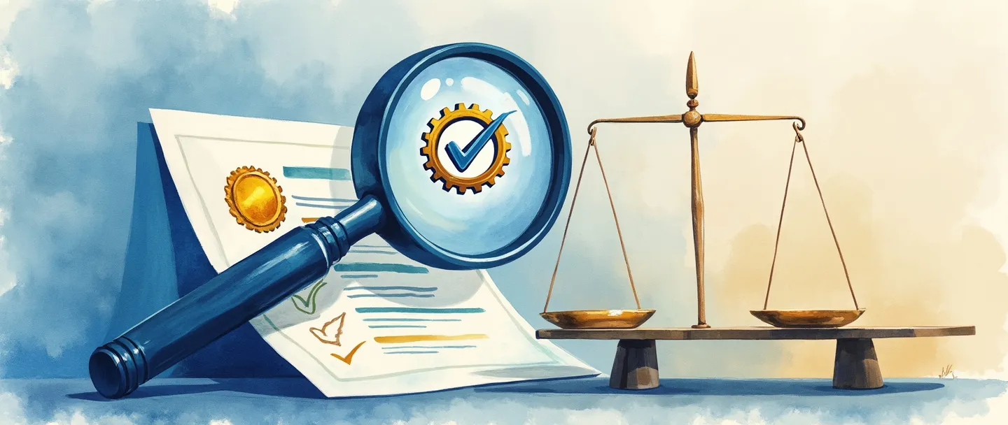 Uma pintura digital em aquarela de uma lupa examinando um certificado com um selo dourado. Um sinal de verificação feito de engrenagens flutua acima, enquanto uma simples balança repousa nas proximidades. Linhas limpas, paleta de cores profissional em azul e dourado, transmitindo garantia de qualidade e verificação.