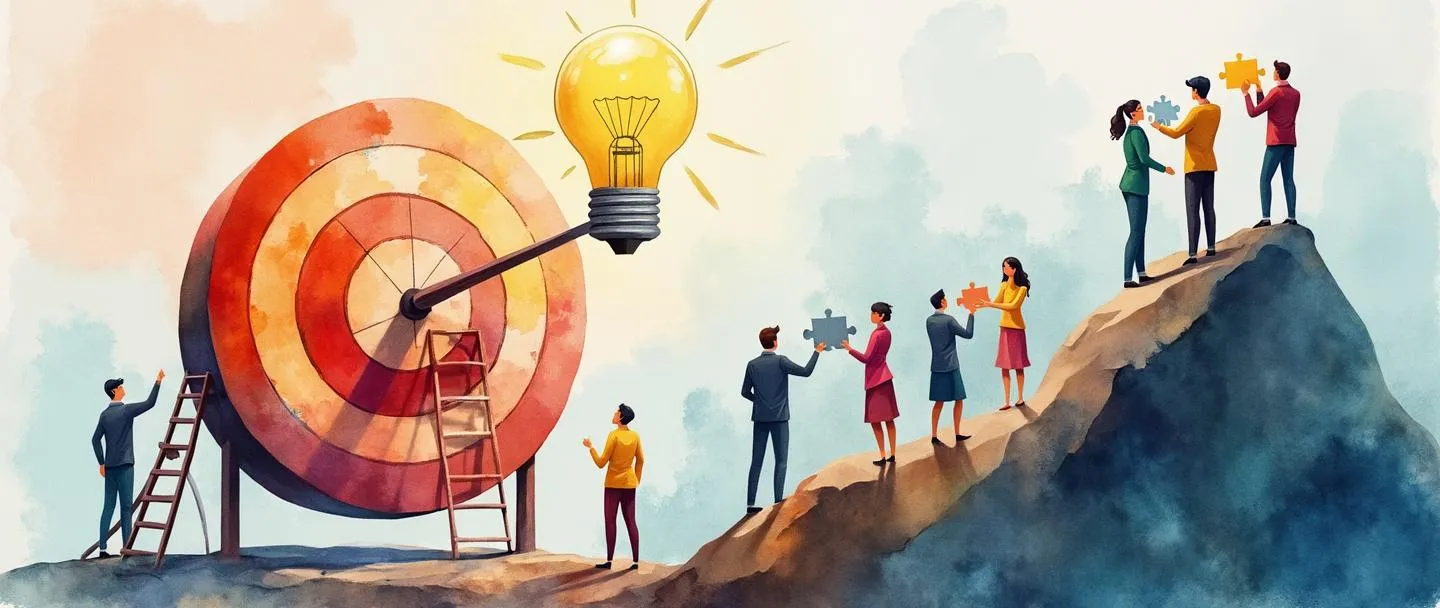 Uma pintura digital em aquarela de profissionais diversos organizando peças de quebra-cabeça em um alvo estratégico, com uma lâmpada iluminando seu esforço colaborativo. Uma bússola guia sua direção enquanto uma pequena escada leva ao topo de uma montanha. Composição simples com cores vibrantes, mas profissionais.