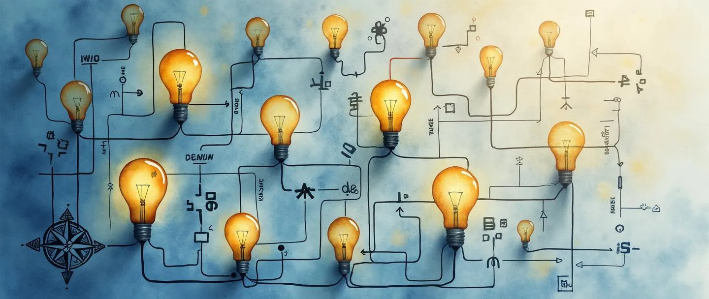 Uma pintura digital em aquarela de uma rede interconectada de lâmpadas formando uma estrutura semelhante a um mapa, com caminhos conectando diferentes nós de informação. Peças-chave de quebra-cabeça se encaixam nos pontos de junção, enquanto uma rosa dos ventos no canto guia o observador. Design simples e elegante com uma paleta de cores suave em azul e dourado transmitindo organização do conhecimento.
