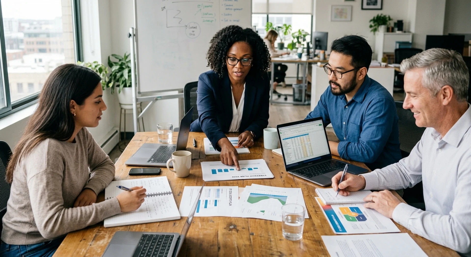 Equipe de negócios diversificada colaborando em reunião estratégica ao redor de mesa de conferência com documentos, laptops e materiais de planejamento empresarial, fotografia editorial profissional em alta resolução com luz natural.