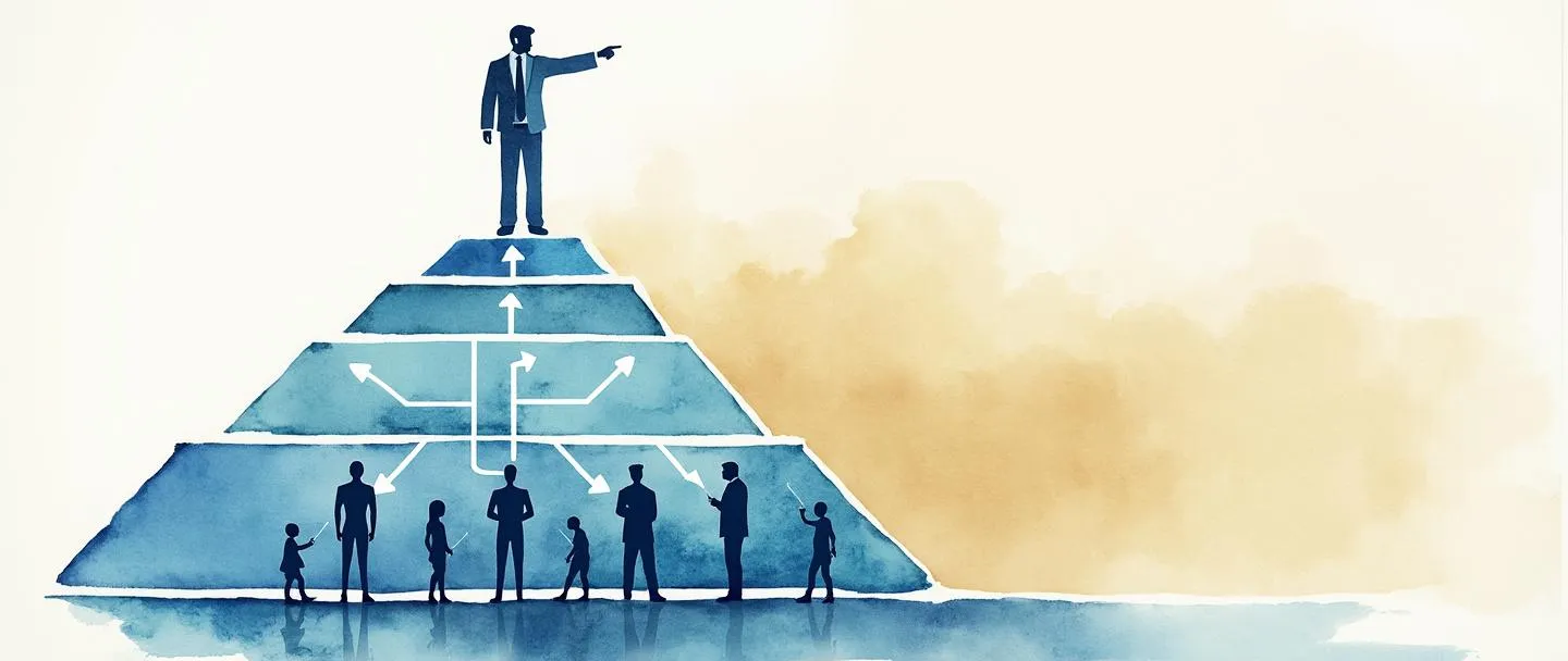 Uma pintura digital em aquarela mostrando um executivo de negócios no topo de uma pirâmide organizacional, apontando para baixo com uma estratégia fluindo de cima para baixo. Abaixo, figuras menores implementam a visão. Um fluxograma os conecta com setas direcionais. Composição simples com tons de azul e dourado transmitindo autoridade e estrutura.