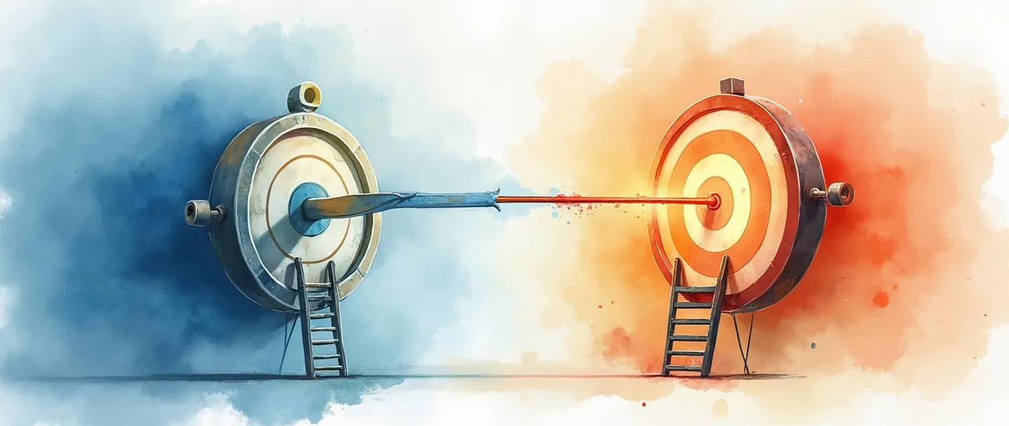 Uma pintura digital em aquarela de um logotipo corporativo se transformando de cores desbotadas para cores vibrantes, com uma bússola apontando para uma nova direção. Uma escada leva de um alvo antigo para um novo alvo brilhante. Composição simples com pinceladas suaves, elementos mínimos e metáfora visual clara para reposicionamento de marca.