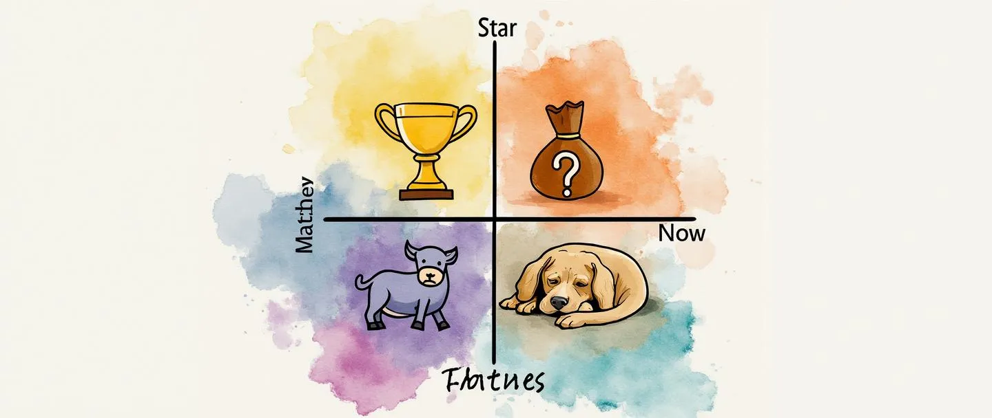 Uma pintura digital em aquarela de uma matriz de grade 2x2 rotulada "Matriz BCG" com quatro quadrantes distintos. No canto superior esquerdo mostra uma estrela, no canto superior direito mostra um ponto de interrogação, no canto inferior esquerdo mostra uma vaca leiteira, e no canto inferior direito mostra um cachorro. Cada quadrante tem um ícone simples: troféu (estrela), ponto de interrogação, saco de dinheiro (vaca leiteira) e cachorro dormindo. Visualização limpa de conceito de negócios com texturas suaves de aquarela.
