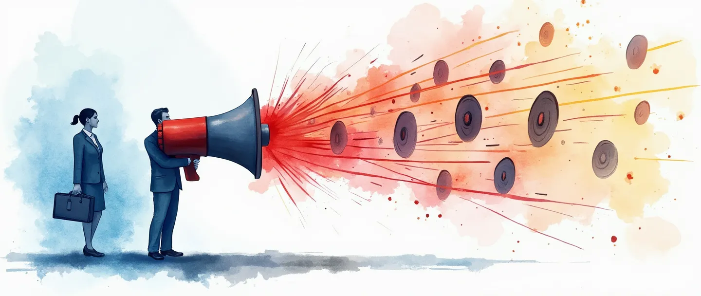 Uma pintura digital em aquarela de um megafone projetando ondas coloridas para fora em direção a múltiplos alvos. Uma pessoa de negócios com uma pasta está atrás do megafone, direcionando a mensagem. Composição simples com vibrantes tons de azul e vermelho em um fundo branco limpo, transmitindo o conceito de marketing de saída.