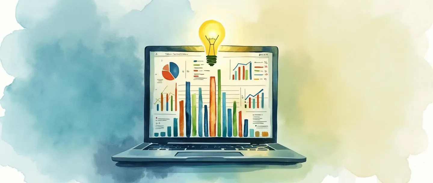 Uma pintura digital em aquarela de um relatório de negócios com gráficos de barras coloridos e gráficos de pizza emergindo de um laptop aberto. Uma lâmpada brilha acima, iluminando um painel simplificado com indicadores-chave de desempenho. Composição limpa com elementos mínimos, profissional mas acessível, usando tons suaves de azul e verde.