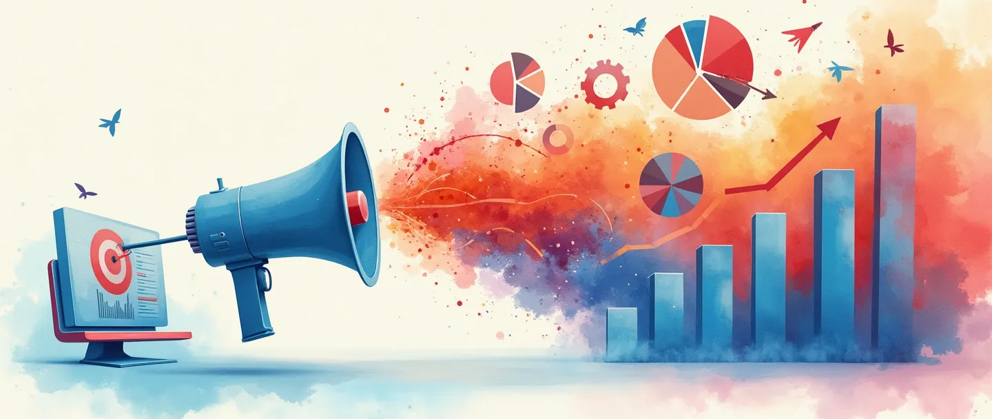Uma pintura digital em aquarela de um megafone emitindo ondas coloridas que se transformam em gráficos de barras ascendentes e gráficos de pizza. Um pequeno alvo com uma flecha no centro flutua próximo, enquanto um computador simplificado exibe dados. Composição limpa com azuis e vermelhos vibrantes, transmitindo relatórios de campanhas publicitárias em um estilo elegante e direto.
