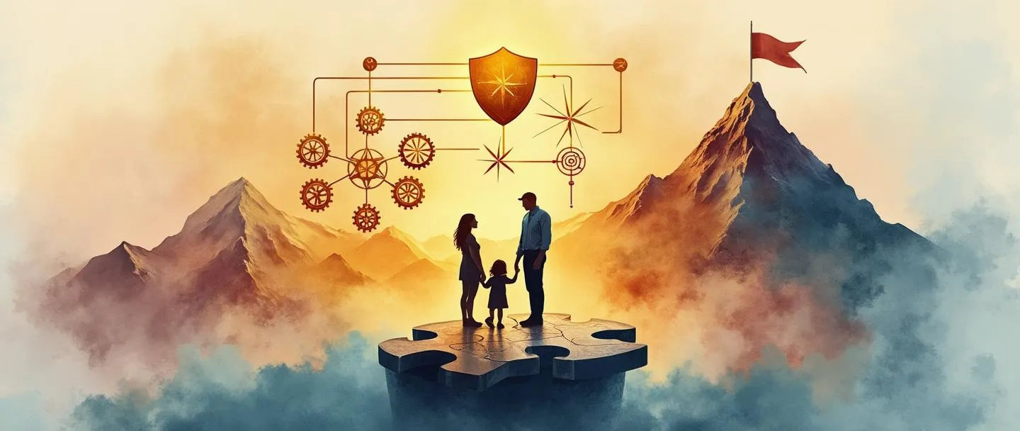 Uma pintura digital em aquarela de uma silhueta de família em pé juntos em uma plataforma em forma de peça de quebra-cabeça, com um escudo protetor ao redor deles. Acima flutua uma chave dourada conectando-se a um organograma simplificado com engrenagens interconectadas. Uma bússola aponta para um pico de montanha com uma bandeira. Cores quentes, atmosfera de planejamento estratégico.