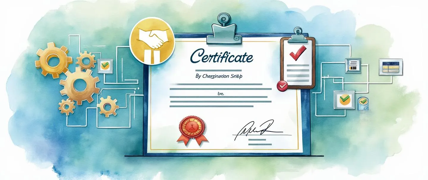 Uma pintura digital em aquarela de um certificado oficial com um carimbo e assinatura, conectado a um fluxograma simplificado com engrenagens coloridas. Uma marca de verificação em uma prancheta está ao lado, com um símbolo de aperto de mãos acima representando acordo. Linhas limpas, tons profissionais de azul e verde, aparência organizada.