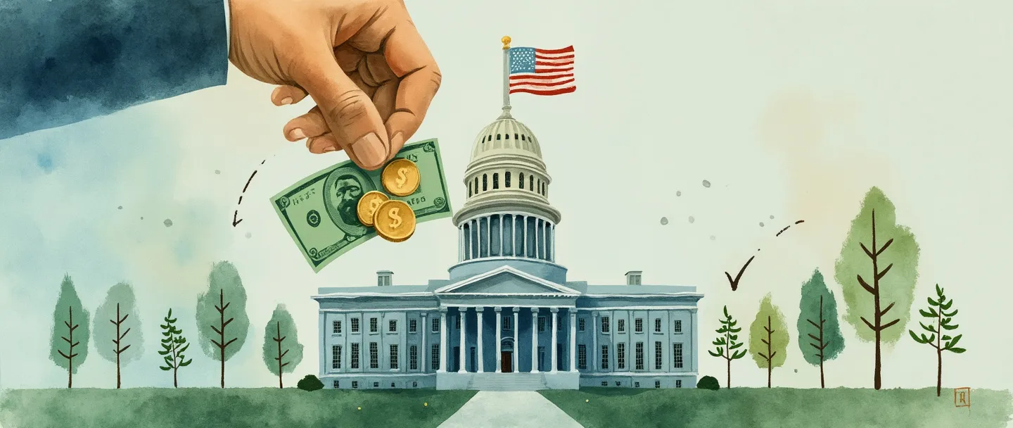 Uma pintura digital em aquarela de uma mão colocando moedas e notas em um edifício governamental simplificado com uma bandeira no topo. Pequenas setas mostram o dinheiro fluindo do edifício para estradas, escolas e serviços públicos. Composição simples com tons suaves de azul e verde, transmitindo o conceito de impostos federais financiando bens públicos.