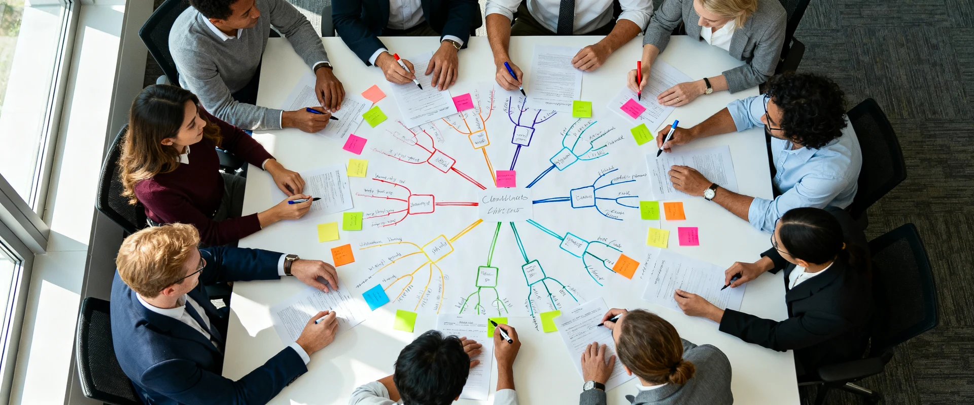 Mapas mentais: vantagens, criação passo a passo e exemplos úteis Fotografia editorial ultra-realista de equipe de negócios diversa colaborando em mesa branca com mapas mentais coloridos desenhados à mão, notas adesivas e linhas de conexão, capturada em vista aérea com luz natural e detalhes nítidos em alta resolução.
