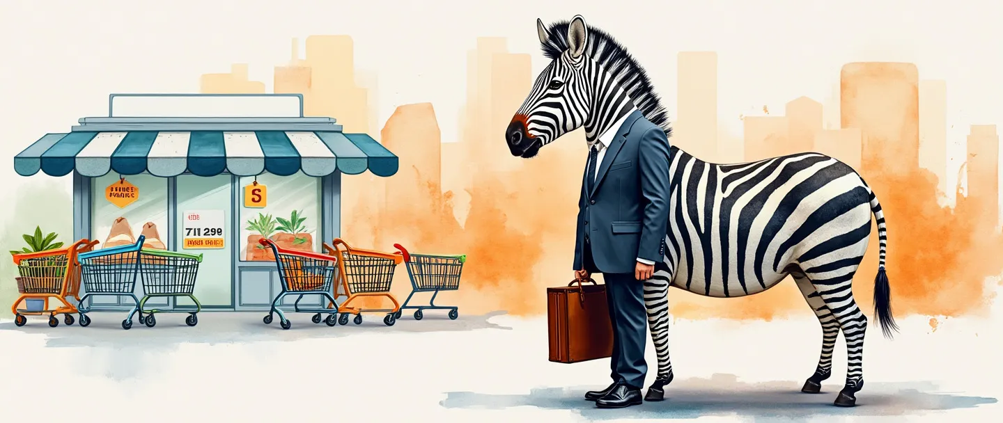 Uma pintura digital em aquarela de uma zebra vestindo um terno de negócios e carregando uma pasta executiva, em pé na frente de um mercado com etiquetas de preço e carrinhos de compras. A zebra tem listras pretas e brancas com um padrão de código de barras integrado às suas listras. Composição simples com cores vibrantes contra um fundo branco.