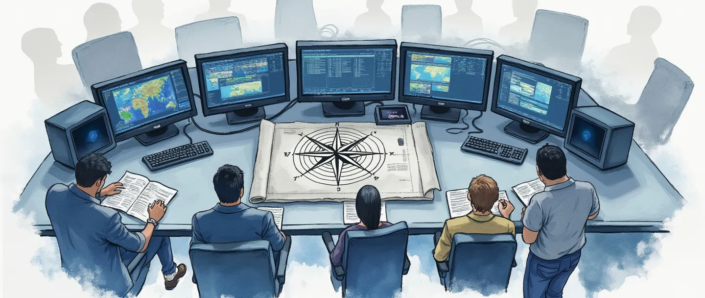 Uma pintura digital em aquarela de uma mesa de comando central com múltiplas telas de computador exibindo mapas e dados. Uma rosa dos ventos está posicionada de forma proeminente na mesa ao lado de uma planta baixa. Várias pessoas trabalham colaborativamente ao redor da estação. Composição simples com tons de azul e cinza transmitindo organização e planejamento estratégico.