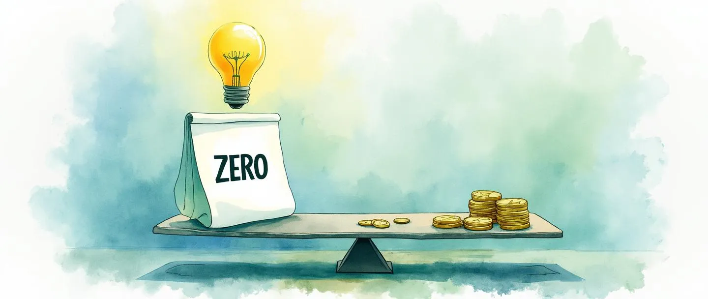 Tradução para pt-br:

Uma pintura digital em aquarela de uma folha de papel em branco com "ZERO" exibido de forma proeminente, transformando-se em uma balança equilibrada com moedas e itens de orçamento. Uma lâmpada flutua acima, iluminando um conceito de recomeço. Composição simples com linhas limpas e elementos mínimos, usando tons suaves de azul e verde para transmitir clareza financeira e novos começos.