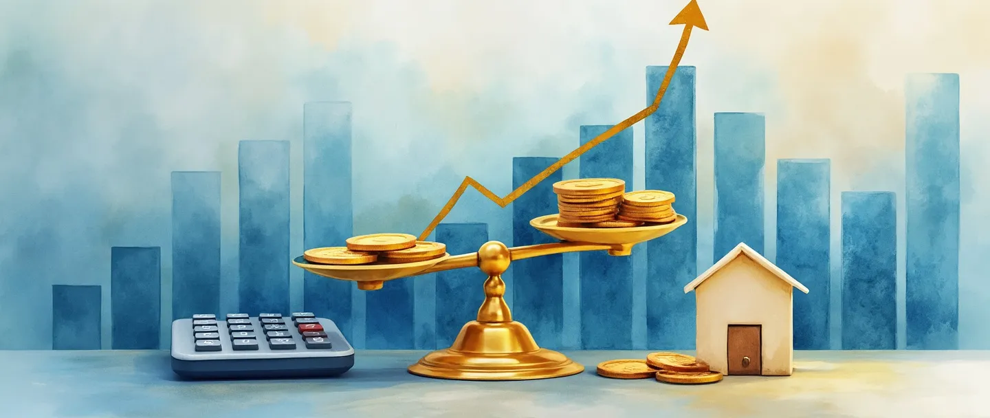 Uma pintura digital em aquarela de uma balança pesando moedas de ouro contra um gráfico de barras mostrando crescimento ascendente. Uma calculadora está próxima enquanto uma pequena seta de retorno conecta as moedas a um edifício simples representando ativos. Tons suaves de azul e dourado, composição limpa, conceito financeiro.