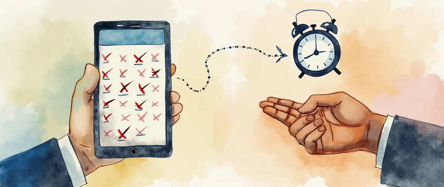 Uma pintura digital em aquarela de um smartphone exibindo um calendário com marcas de verificação, conectado por uma linha pontilhada a um aperto de mãos. Um pequeno relógio paira acima, com uma seta movendo-se em movimento circular. Composição simples, cores profissionais e quentes, retratando acompanhamento de negócios.