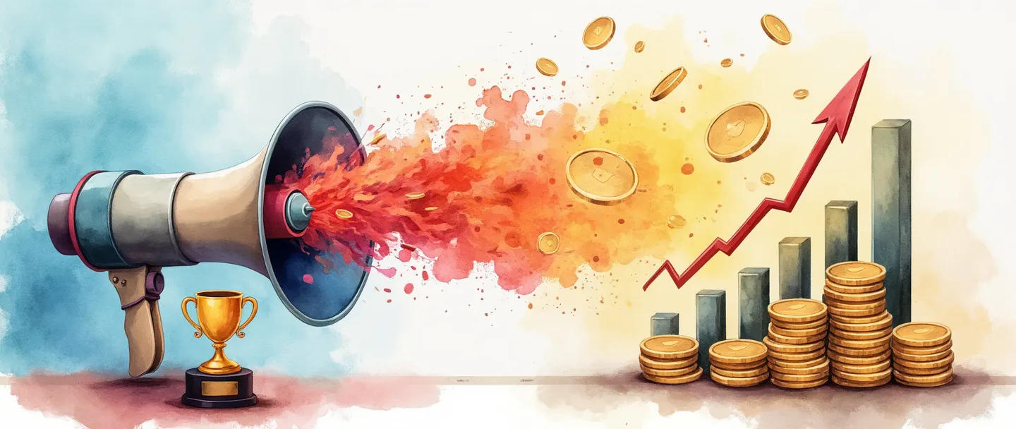 Uma pintura digital em aquarela de um megafone projetando ondas coloridas que se transformam em moedas de ouro e gráficos com tendência de alta. Um pequeno troféu está ao lado de um alvo com uma flecha no centro. Composição simples com cores vibrantes destacando o valor da campanha de marketing e o retorno sobre o investimento.