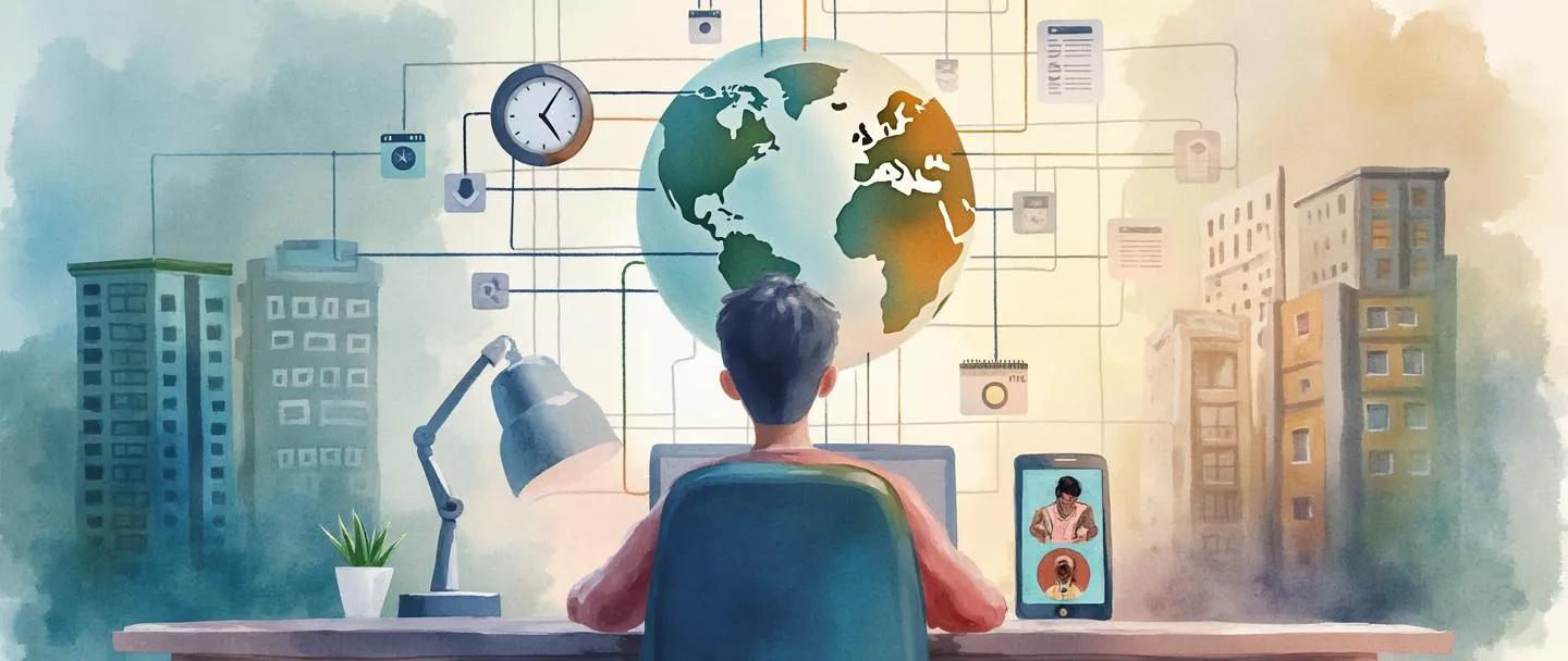 Uma pintura digital em aquarela de uma pessoa trabalhando em um laptop em casa, com um globo se conectando a um prédio de escritórios através de linhas digitais. Um relógio e um calendário flutuam por perto, enquanto um smartphone mostra uma videochamada. Composição simples com cores suaves transmitindo a flexibilidade do trabalho remoto.