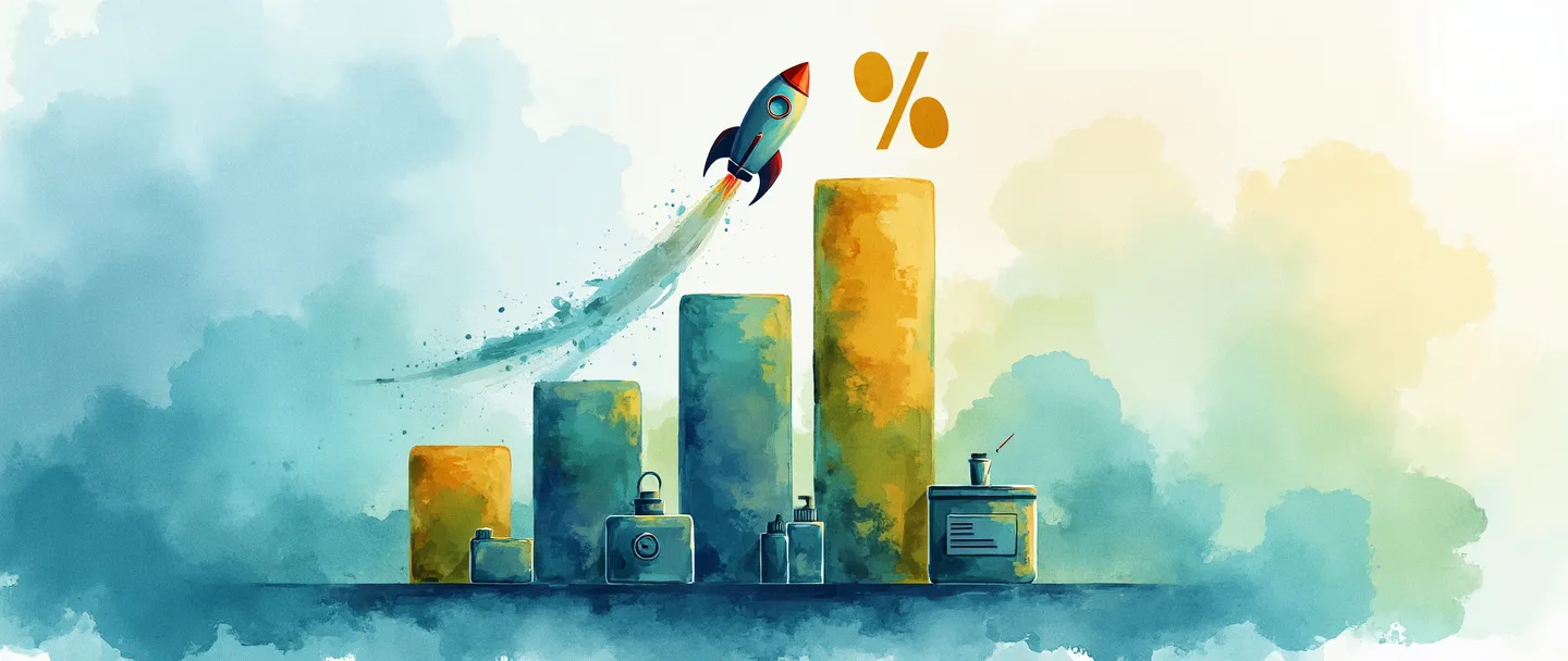 Uma pintura digital em aquarela de um gráfico de barras com tendência ascendente e um símbolo de porcentagem subindo acima dele. Ícones de produtos estão na base de cada barra, com a barra mais alta destacada em dourado. Um pequeno foguete dispara para cima ao lado da barra mais alta, simbolizando o crescimento das vendas. Composição simples com azuis e verdes vibrantes.