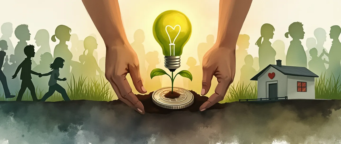 Uma pintura digital em aquarela de mãos plantando uma muda com formato de lâmpada, cercada por uma comunidade de silhuetas diversas. A muda cresce de uma moeda, com brotos verdes delicados se estendendo para cima. Uma pequena ponte conecta a área de plantio a um edifício simples com um símbolo de coração. Cores quentes e esperançosas com tons terrosos. Estilo minimalista que transmite crescimento, comunidade e propósito.