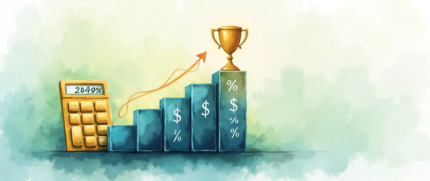 Uma pintura digital em aquarela de um gráfico de barras crescente com símbolos de dinheiro subindo. Uma calculadora dourada está ao lado, exibindo símbolos de porcentagem. Um pequeno troféu brilha no topo da barra mais alta. Composição simples com tons suaves de azul e verde transitando para dourado, transmitindo sucesso financeiro e métricas de lucratividade.