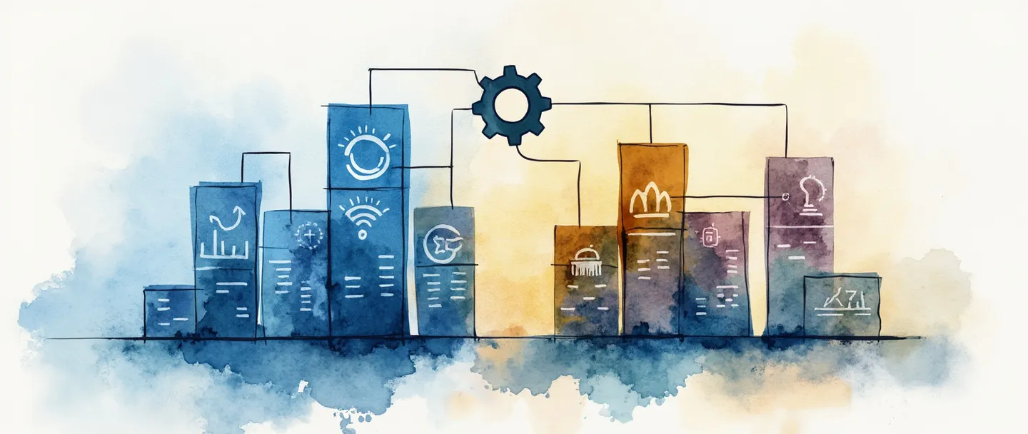 Uma pintura digital em aquarela de blocos de construção interconectados formando uma estrutura de unidade de negócios, com uma engrenagem central conectando seções de cores diferentes. Cada seção contém um ícone simples: uma lâmpada, um gráfico, um alvo e um aperto de mãos. Linhas limpas, esquema de cores profissional em azul e dourado, composição organizada.