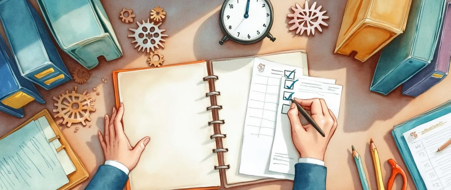 Uma pintura digital em aquarela de uma mesa organizada com um calendário arrumado, um pequeno relógio e pastas codificadas por cores. Uma mão está marcando itens em uma lista de tarefas. Engrenagens sutilmente conectam os elementos, simbolizando um fluxo de trabalho sistemático. Composição simples com linhas limpas e cores profissionais suaves.
